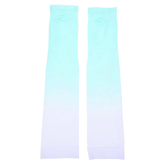Pair of light blue breathable arm sleeves for sun protection, long length.