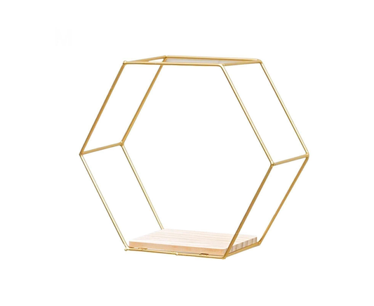 Hexagonal iron pot wall holder with golden metal frame and wood base tray
