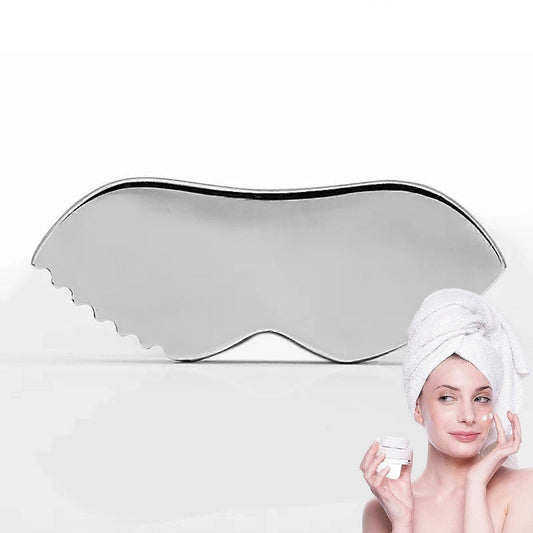 Stainless steel face gua sha tool with wavy edges for skin massage and scraping