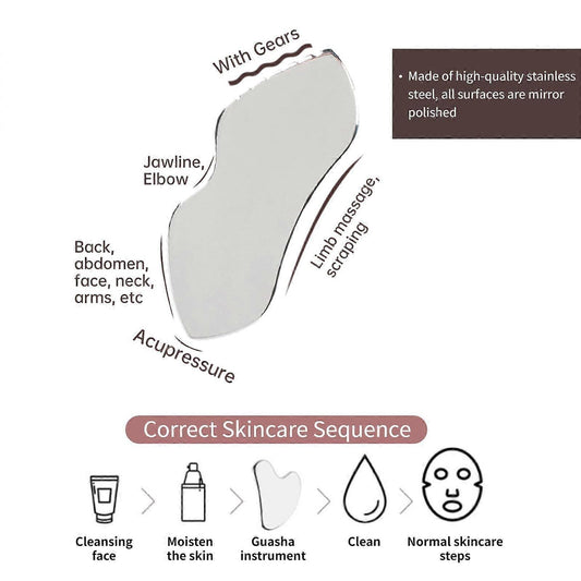 Stainless steel gua sha scraper tool with curved shape and ridged edge