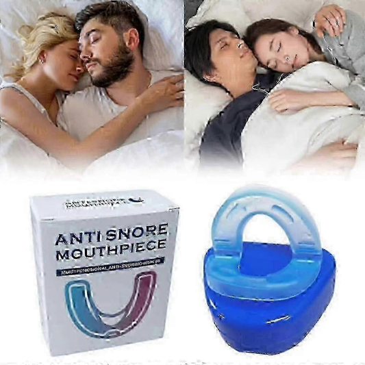 Blue anti-snoring mouthpiece and retail box with U-shaped bite guard