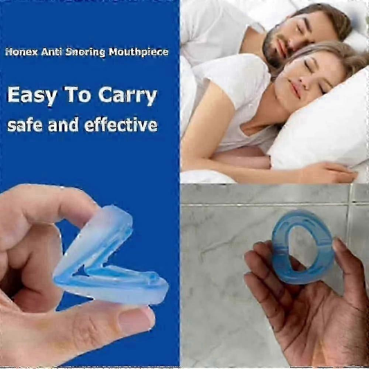 Honex anti-snoring mouthpiece, blue EVA PC device held in hand for overnight use