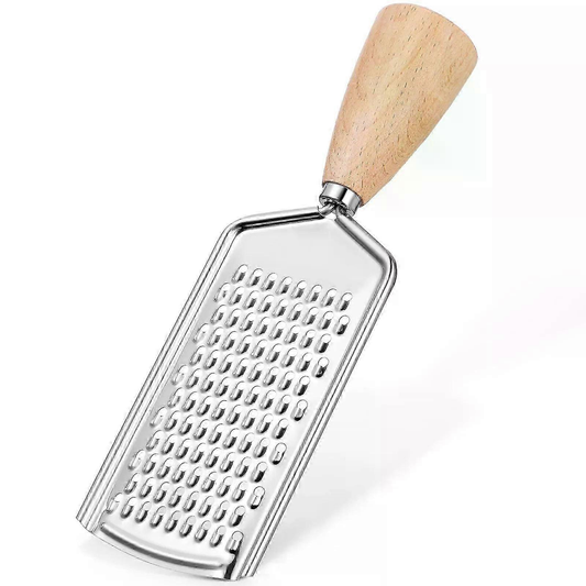Rectangular cheese grater with wooden handle and perforated metal grating