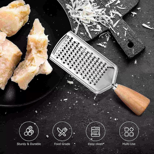Stainless steel cheese grater with wooden handle and rectangular grating surface