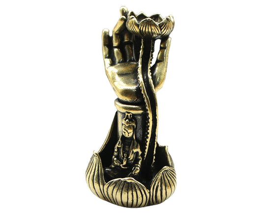 Brass lotus-shaped backflow incense burner with raised hands and ornate front design