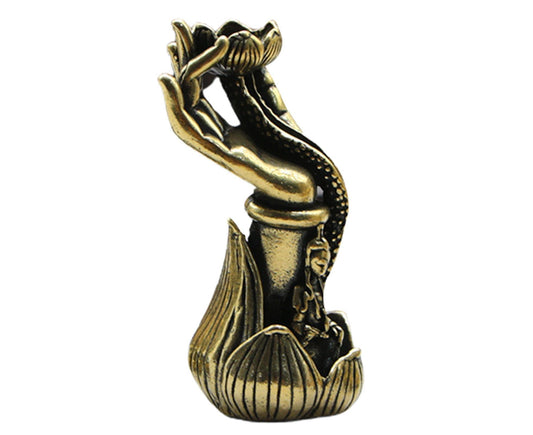 Brass backflow incense burner with raised hand details and lotus base