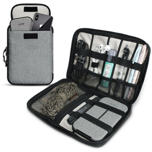Grey cable storage travel bag, open organizer with mesh compartments and elastic slots