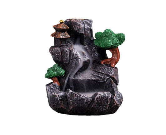 Resin incense burner with waterfall base, pagoda tower, and green tree details