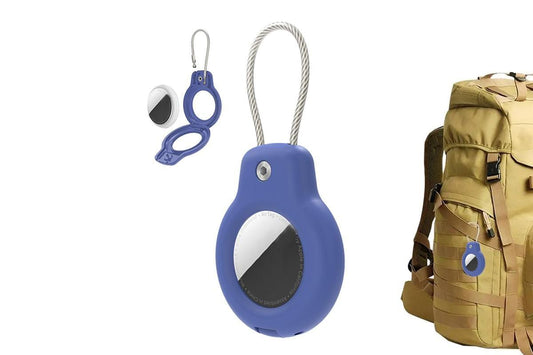 Blue shockproof keychain case with lanyard and metal ring, round cutout window