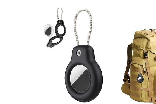Shockproof black AirTag holder case with metal loop and carabiner clip