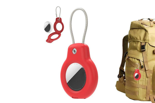 Red shockproof AirTag case with metal keyring, loop lanyard, and black access window