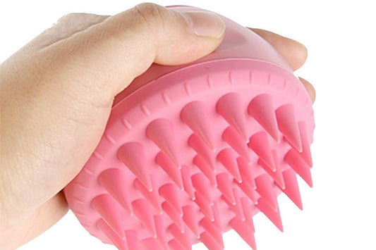 Pink silicone scalp massager brush head with flexible nodules and bristles