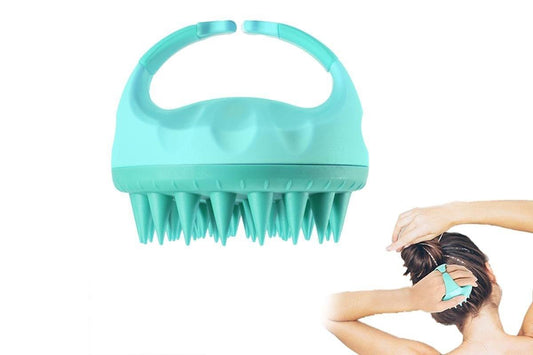Green scalp massager shampoo brush with rounded handle and flexible bristles