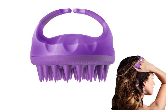 Purple hair scalp massager brush with flexible finger-like bristles
