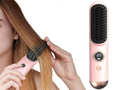 Pink cordless hair straightening brush with LCD temperature display