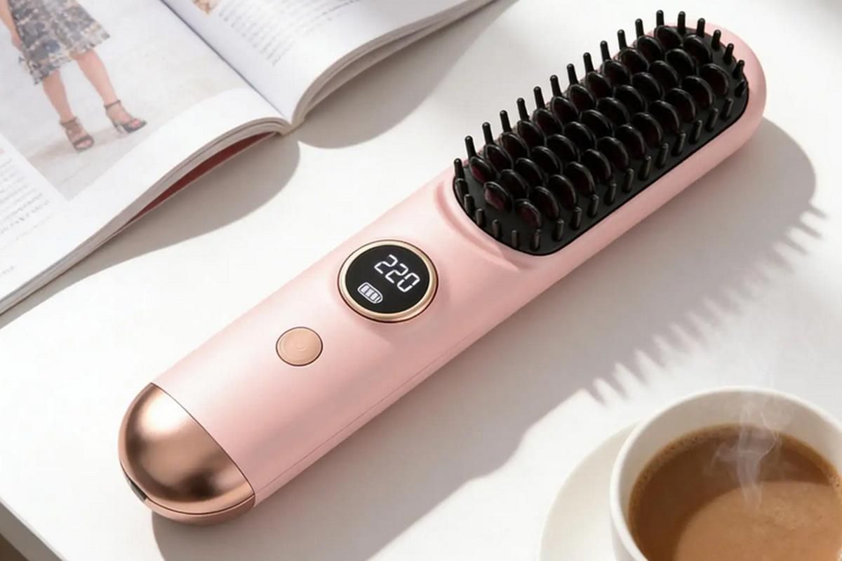 Cordless LCD Hair Straightening Brush 2-in-1 Portable Styling Tool for Travel - Pink