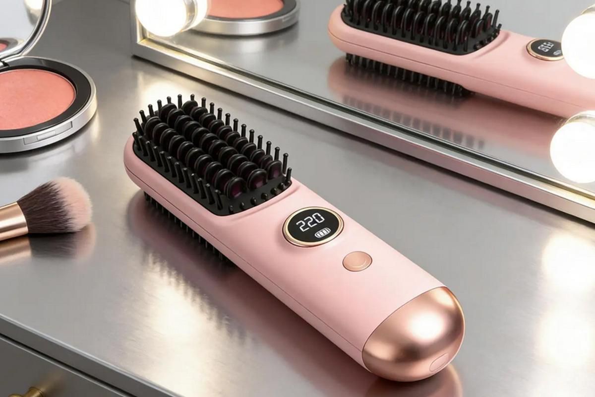 Cordless LCD Hair Straightening Brush 2-in-1 Portable Styling Tool for Travel - Pink