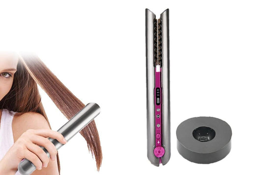 Cordless hair straightener with pink control panel, charging base included