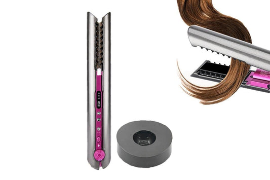 2-in-1 rechargeable hair straightener and curler with heating plates and base