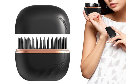 Rechargeable mini hair straightener comb, black base with heating pins
