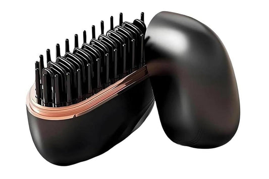 Rechargeable mini hair straightener comb, black with rose-gold heating edge