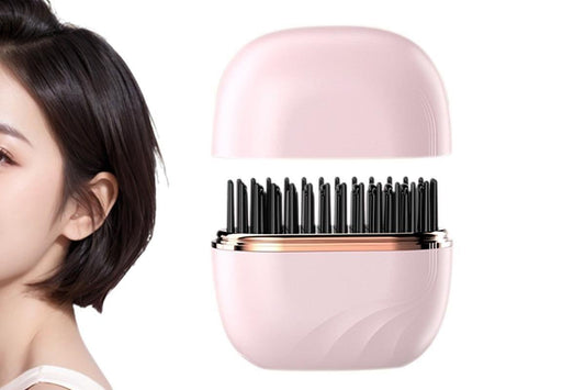 Pink mini hair straightening comb with raised black prongs in closed case