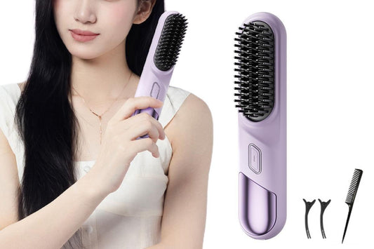 Cordless heated hair straightening brush, purple body with black bristles