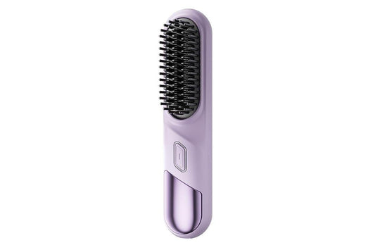 Cordless heated hair straightening brush, purple body with black bristles and buttons
