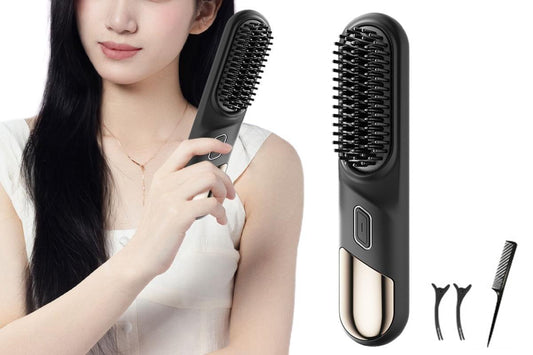 Cordless heated straightening hair brush with black bristles and control button, travel size