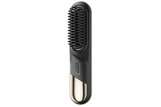 Black cordless heated hair straightening brush, oval handle with indicator button