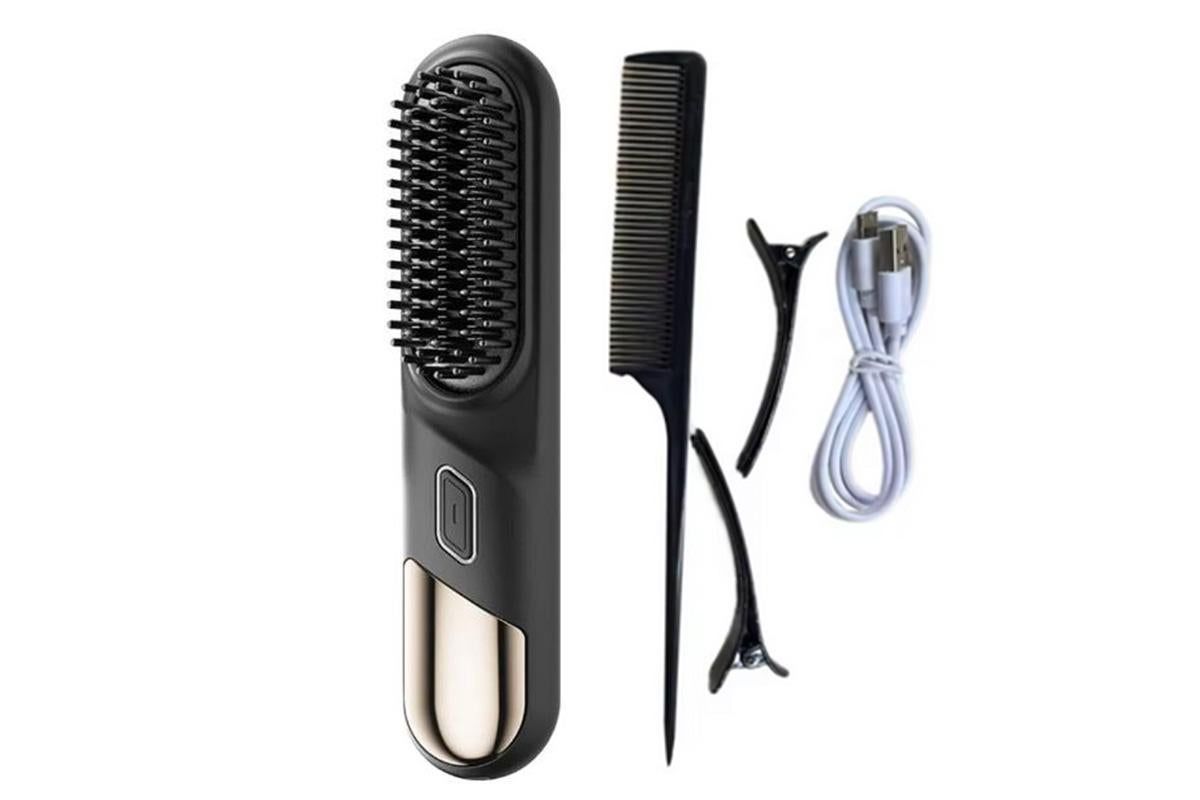 Portable Cordless Heated Straightening Brush for Travel Cordless Hair Straightener Brush Comb Straightener for Women -Black