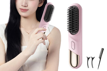 Portable Cordless Heated Straightening Brush for Travel Cordless Hair Straightener Brush Comb Straightener for Women -Pink