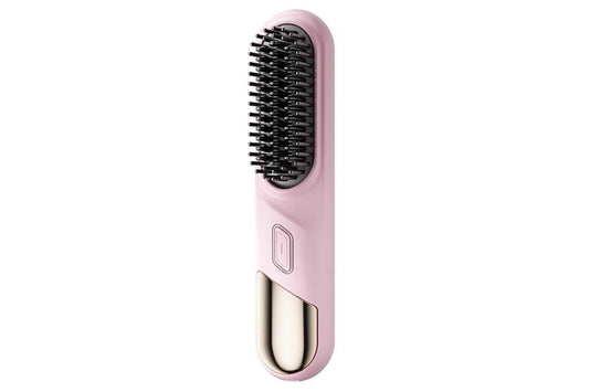 Pink cordless heated straightening hair brush with black bristle comb head