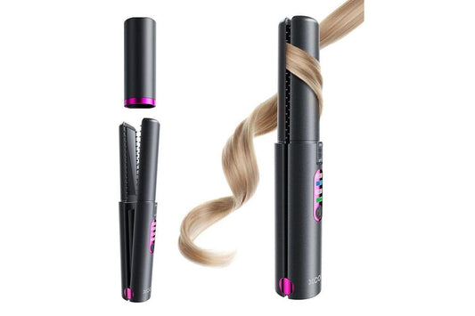 Mini cordless hair straightener and curler, black with pink accents and ceramic plates