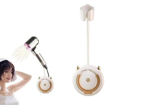 Adjustable hair dryer holder bracket with white cord and round faceplate