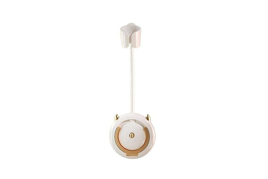 Adjustable hair dryer holder bracket with round white base and vertical mount