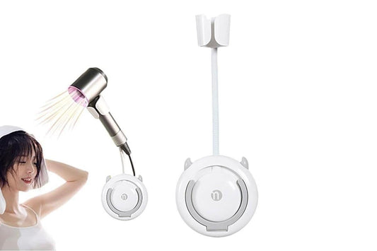 Adjustable hands-free hair dryer holder bracket with round base and white strap