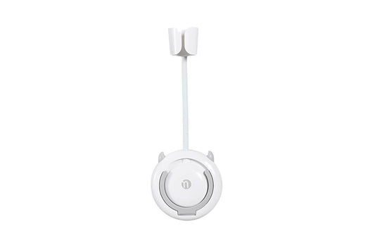 Hands-free hair dryer holder bracket, round white base with vertical arm