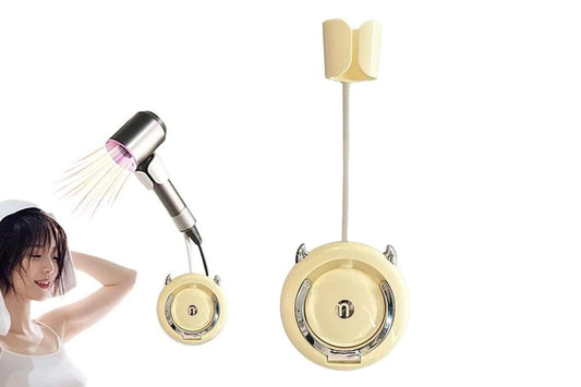 Adjustable hands-free hair dryer holder bracket with yellow cradle and silver pole