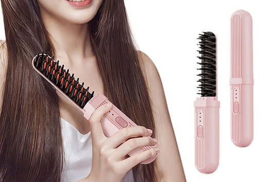 Heated hair straightening brush comb with pink handle and black bristles