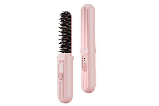Pink heated hair straightening brush and comb attachment set