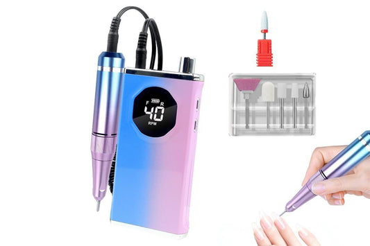 Electric nail drill file with blue-pink handheld motor, red port and attachments