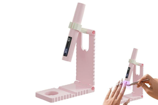 Pink portable LED nail lamp with time display and curing stand