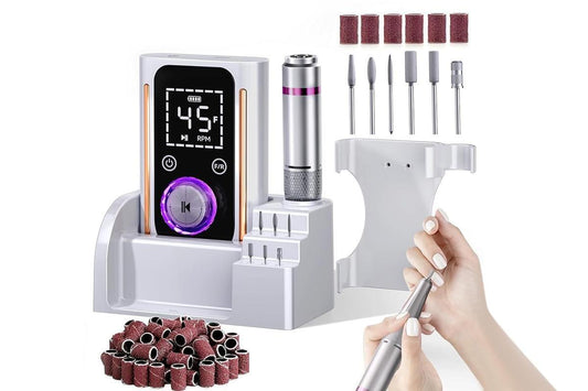 Portable electric nail drill kit with stand, drill handle, and assorted sanding bits
