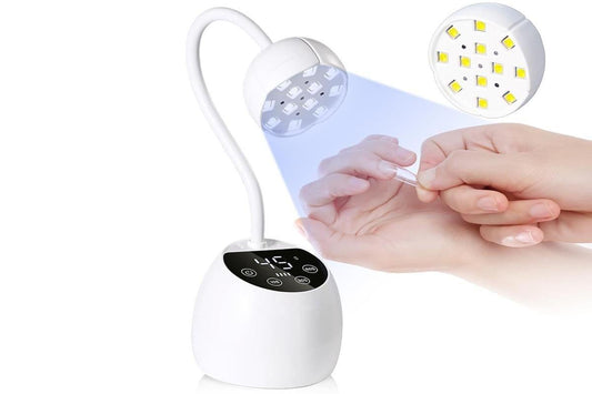 White UV LED mini nail lamp with gooseneck, showing hand under light