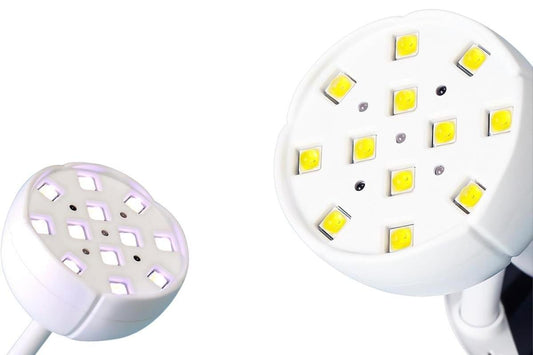 White UV LED nail lamp head with visible LED bulbs and underside view
