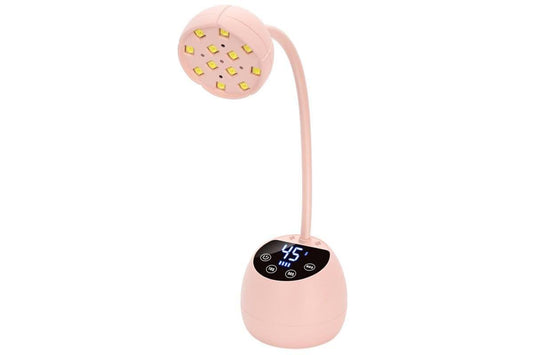 Pink UV LED nail lamp with adjustable gooseneck and round base, LED panel on