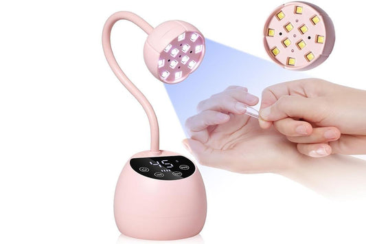 Pink UV LED nail lamp with adjustable gooseneck, hands placing nails under light