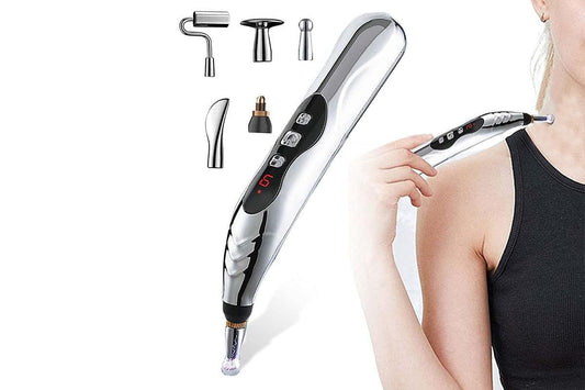 Electronic acupuncture pen held to shoulder with multiple attachment heads