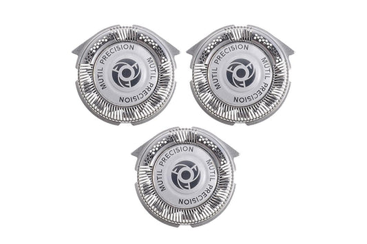 Three replacement shaver blade heads with circular precision cutters
